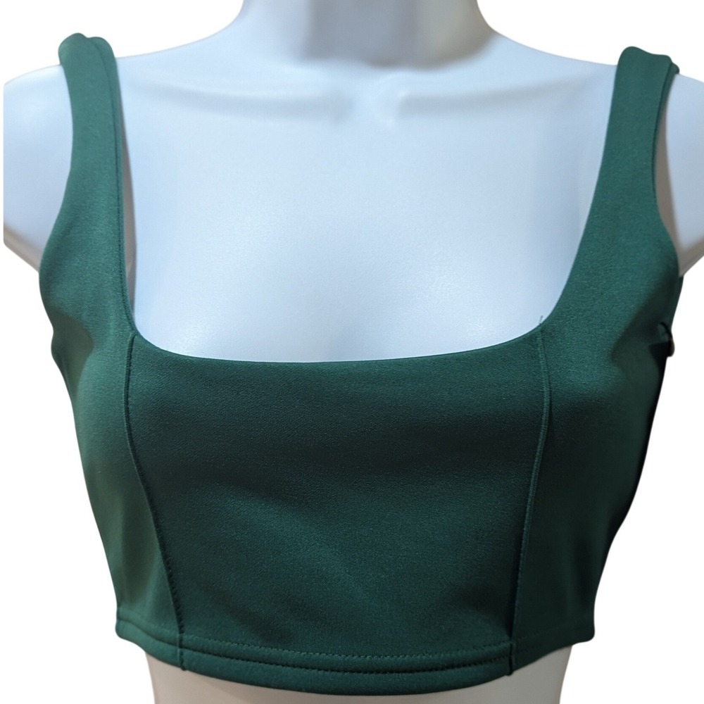 PrettyLittleThing Forest Green Square Neck Zip Back Crop Top NEW